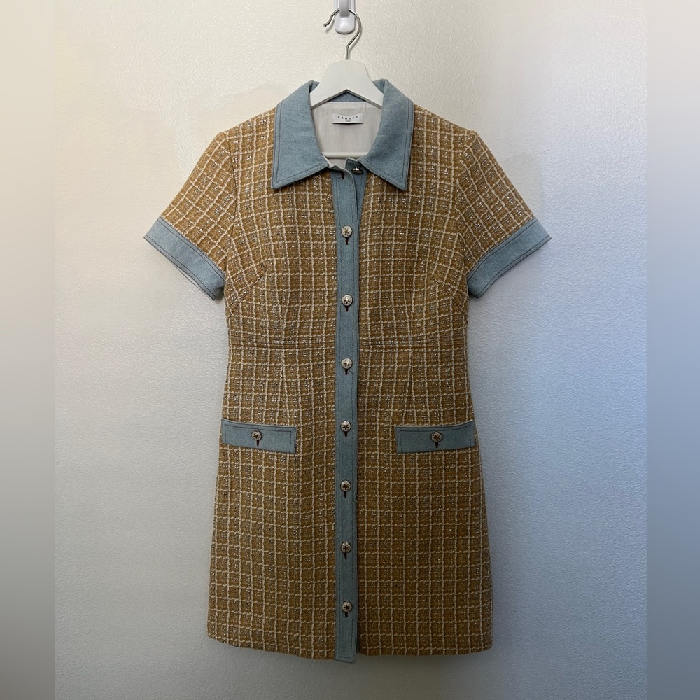 Sandro yellow tweed and denim dress - Size 38